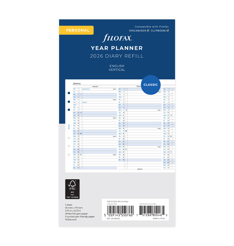 Vertical Year Planner Personal 2026 Filofax Filofax US
