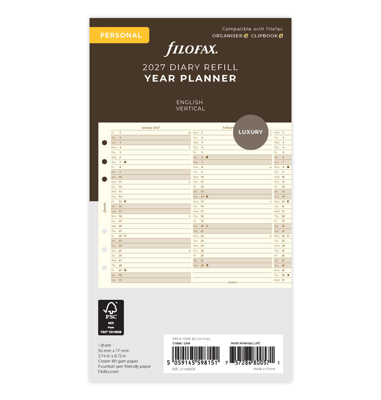 Vertical Year Planner Personal 2027 Cotton Cream - Filofax – Filofax US