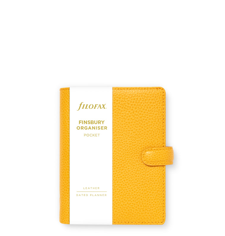 Filofax Finsbury Pocket Leather Organizer in Mustard Yellow - with packaging