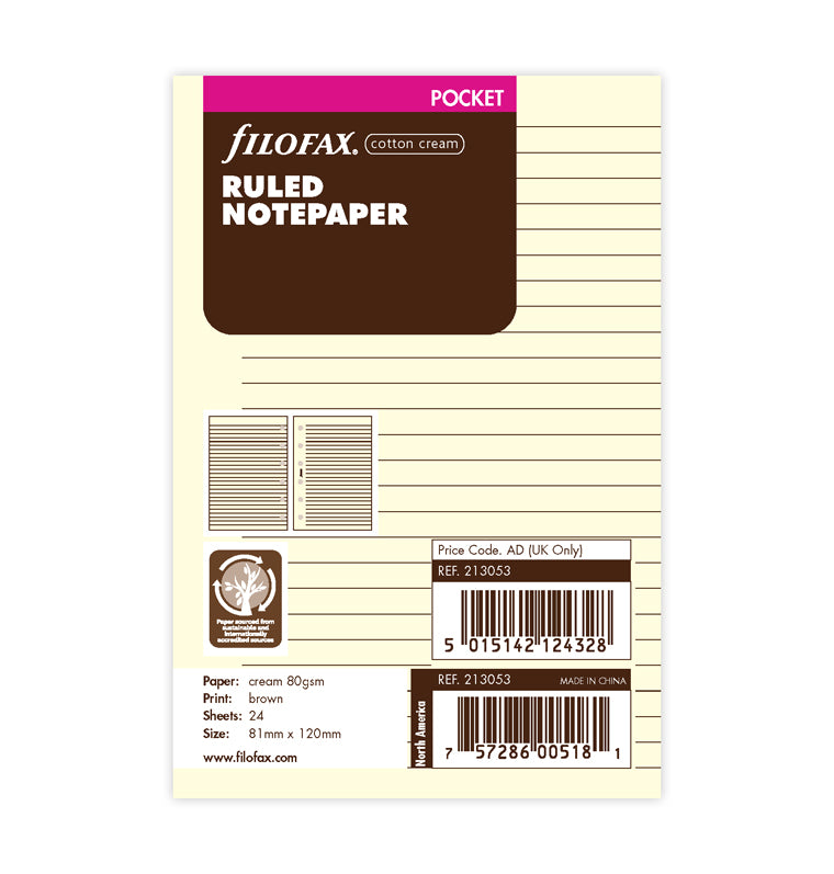 Cotton Cream Ruled Notepaper Refill - Pocket