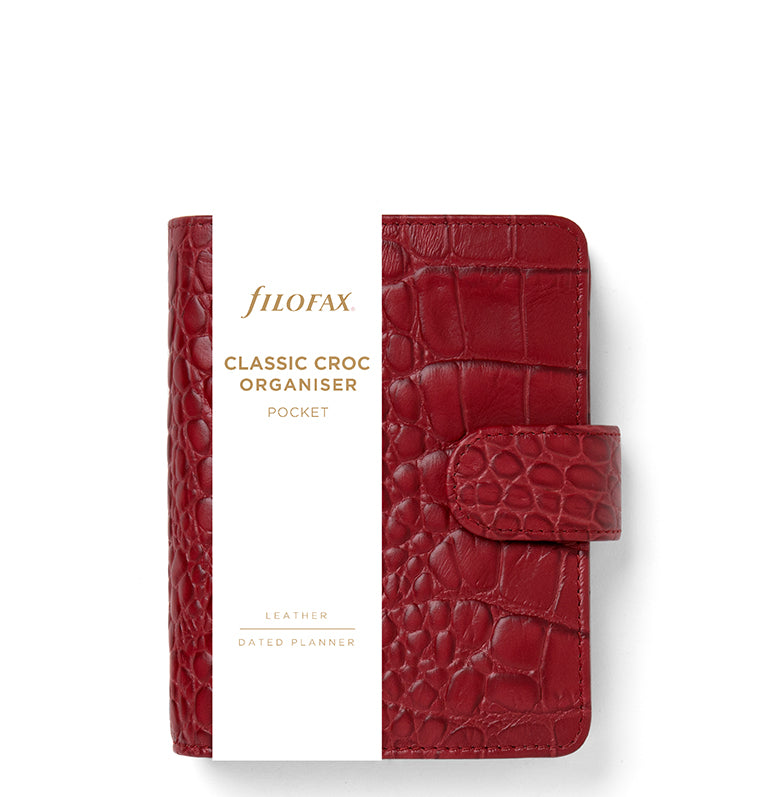 Agenda Filofax Classic Croc Pocket - Cuir Crocodile, Poche Large, Calendrier 2026, Rouge Cerise