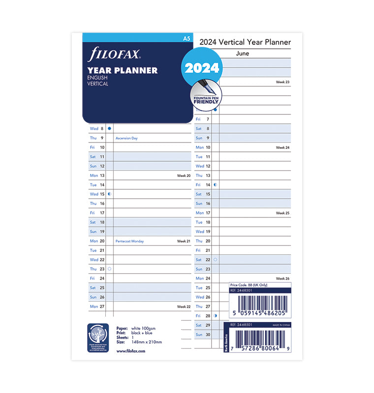 Vertical Year Planner - A5 2024 English
