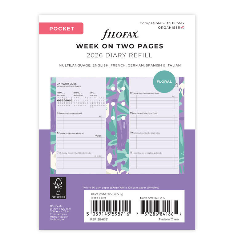 Floral Illustrated Diary Refill Refill Pack - Pocket 2026 Multilanguage Filofax 26-6321