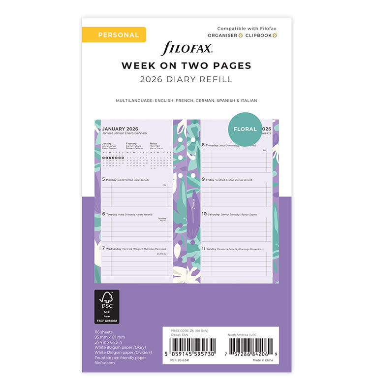 Floral Illustrated Diary Refill Refill Pack - Personal 2026 Multilanguage Filofax 26-6341
