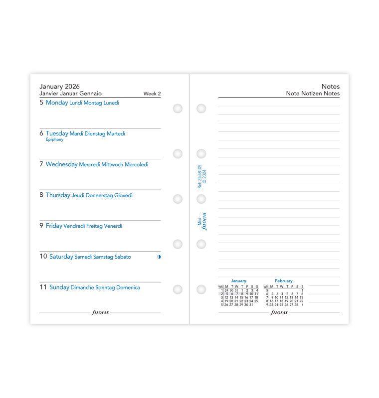 Week On One Page Diary Refill with Notes - Mini 2026 Multilanguage Filofax 26-68109