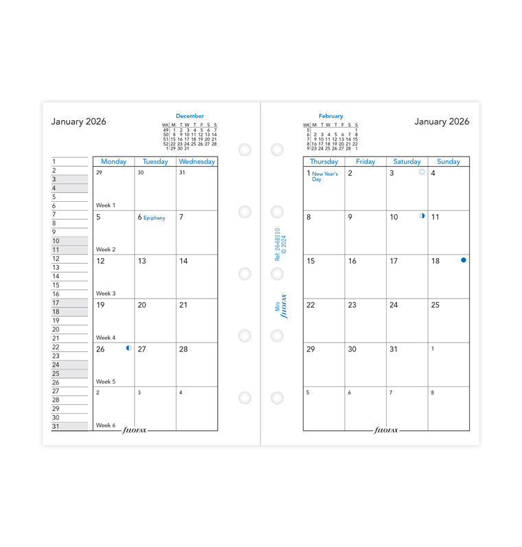 Month On Two Pages Diary Refill - Mini 2026 English Filofax 26-68110
