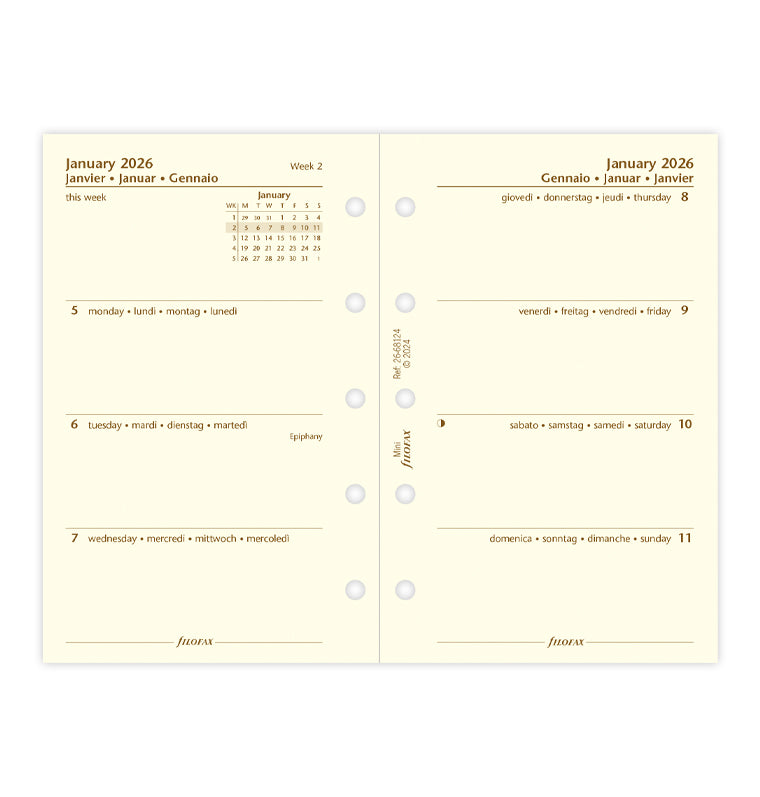 Week On Two Pages Diary Refill - Mini Cotton Cream 2026 Multilanguage Filofax 26-68124