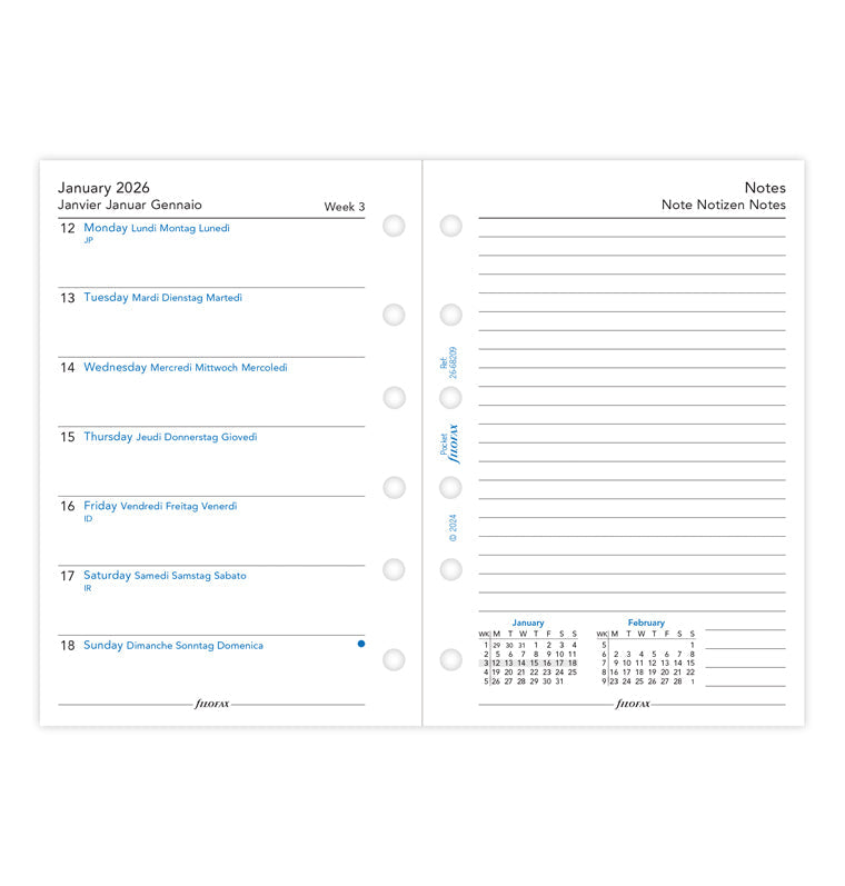 Week On One Page Diary Refill With Notes - Pocket 2026 Multilanguage Filofax 26-68209