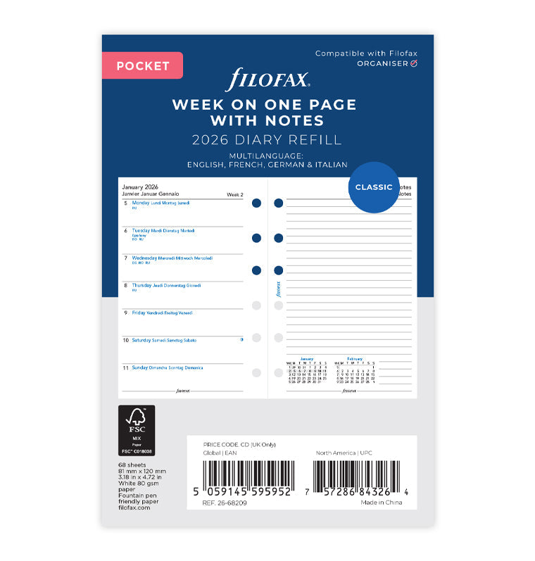 Week On One Page Diary Refill With Notes - Pocket 2026 Multilanguage Filofax 26-68209