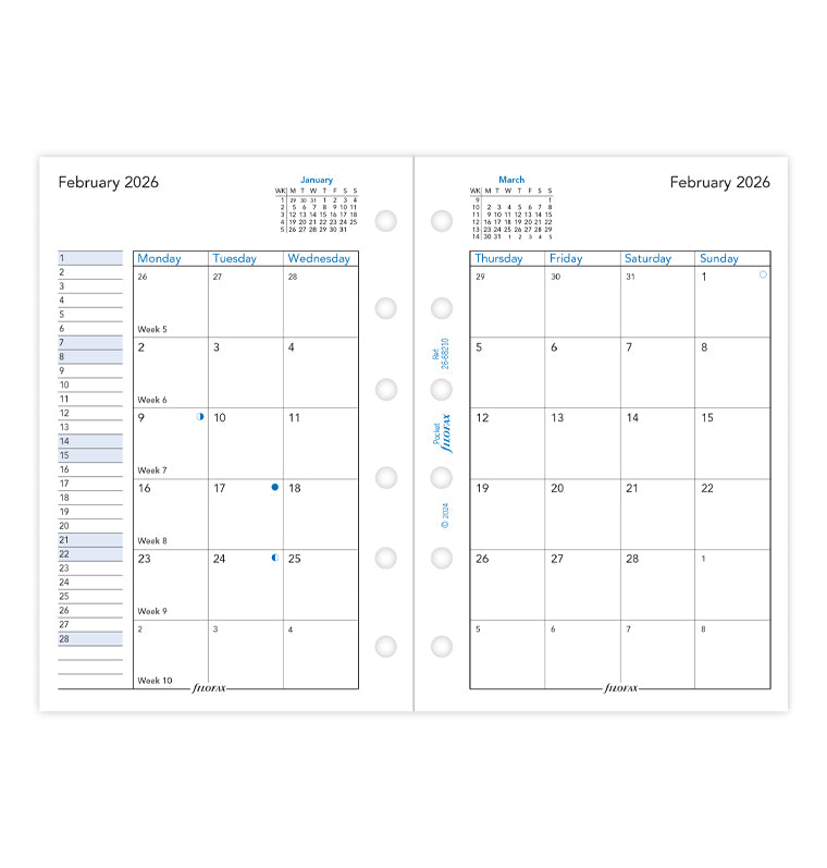 Month On Two Pages Diary Refill - Pocket 2026 English Filofax 26-68210