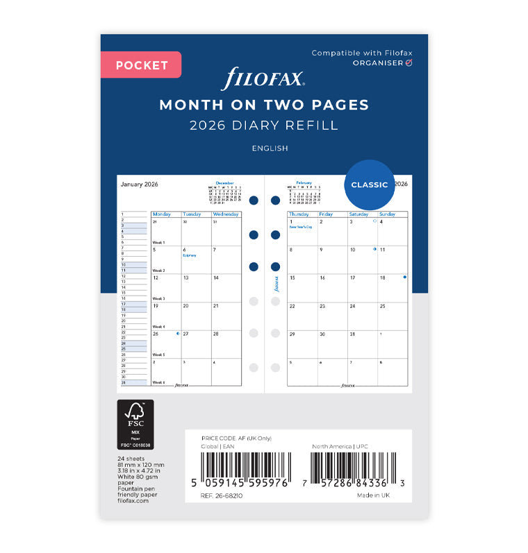 Month On Two Pages Diary Refill - Pocket 2026 English Filofax 26-68210