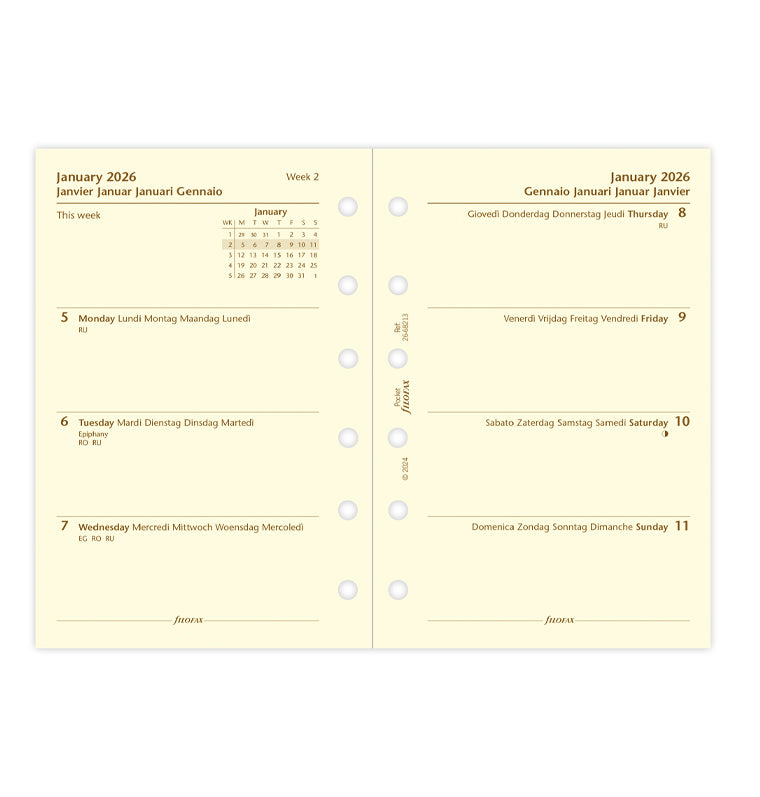 Week On Two Pages Diary Refill - Pocket Cotton Cream 2026 Multilanguage Filofax 26-68213