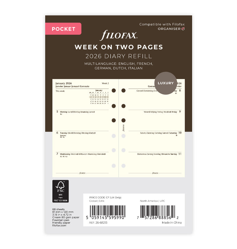 Week On Two Pages Diary - Pocket Cotton Cream 2026 Multilanguage