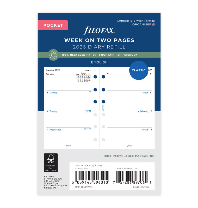 Week On Two Pages Diary Refill - Pocket 2026 English - Recycled Paper Filofax 26-68221R
