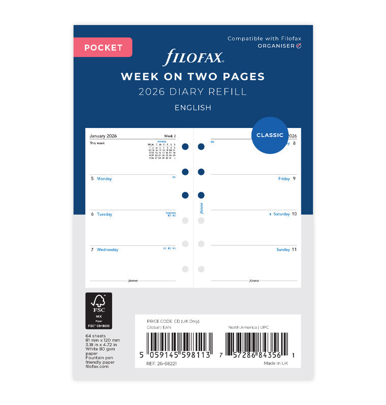 Week On Two Pages Diary Refill - Pocket 2026 English Filofax 26-68221