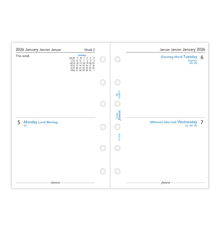Two Days On One Page Diary Refill - Pocket 2026 English/French/German Filofax 26-68223