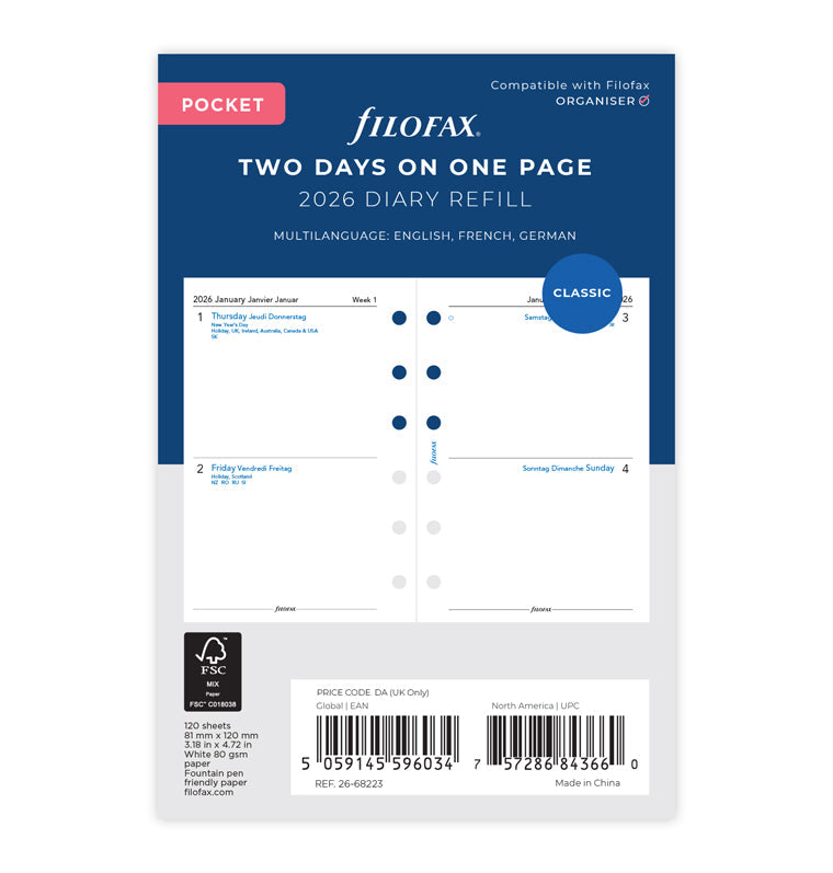 Two Days On One Page Diary Refill - Pocket 2026 English/French/German Filofax 26-68223