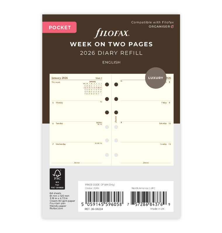 Week On Two Pages Diary Refill - Pocket Cotton Cream 2026 English Filofax 26-68224