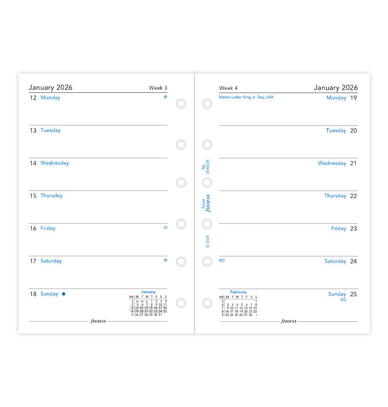 Week On One Page Diary Refill - Pocket 2026 English Filofax 26-68226