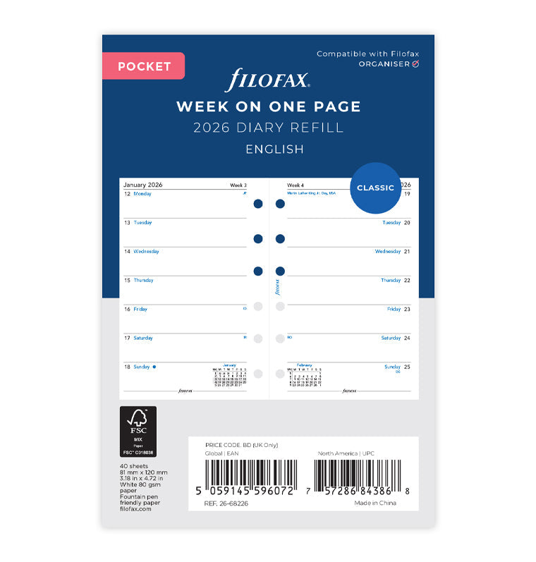 Week On One Page Diary Refill - Pocket 2026 English Filofax 26-68226
