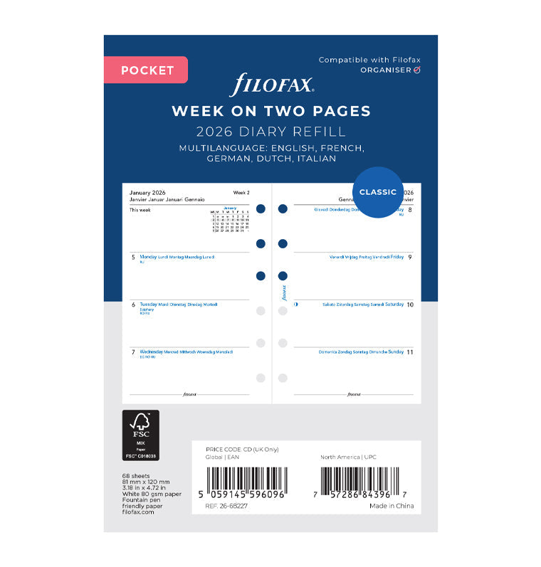 Week On Two Pages Diary Refill - Pocket 2026 Multilanguage Filofax 26-68227