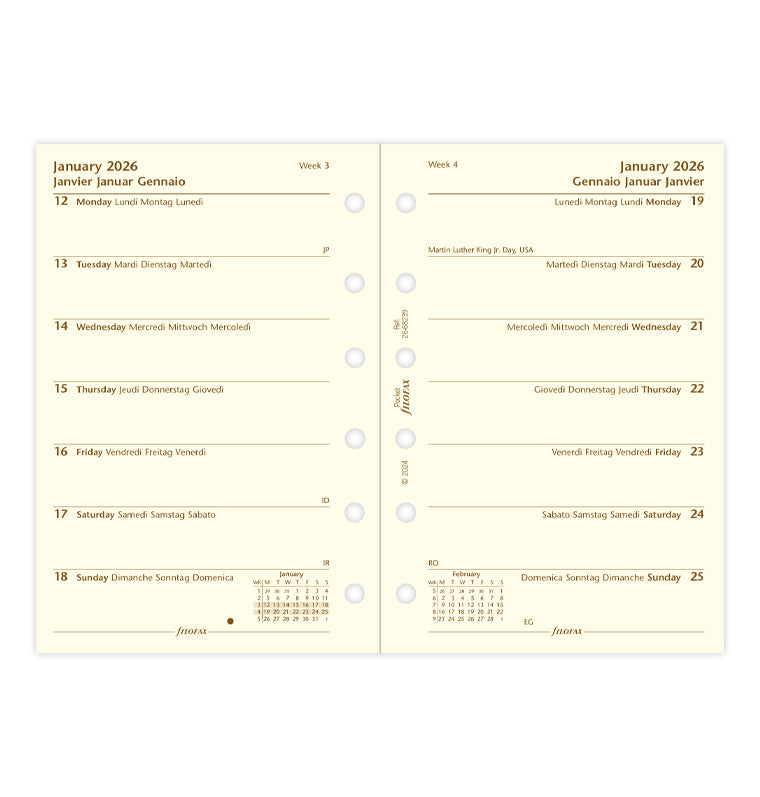 Week On One Page Diary Refill - Pocket Cotton Cream 2026 Multilanguage Filofax 26-68239