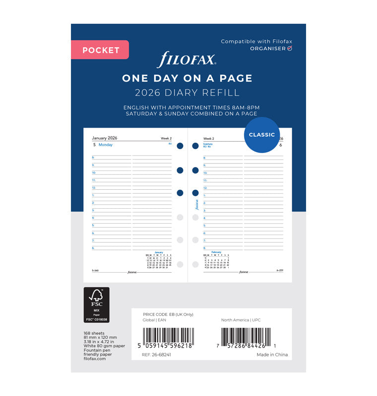 One Day On A Page Diary Refill With Appointments - Pocket 2026 English Filofax 26-68241