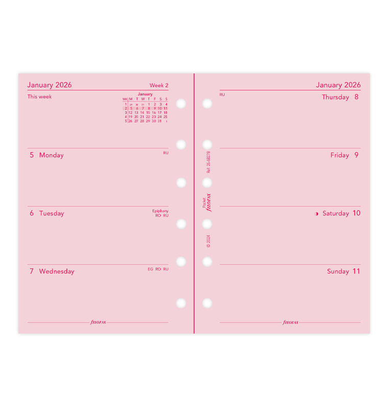 Week On Two Pages Diary Refill - Pocket Pink 2026 English Filofax 26-68278