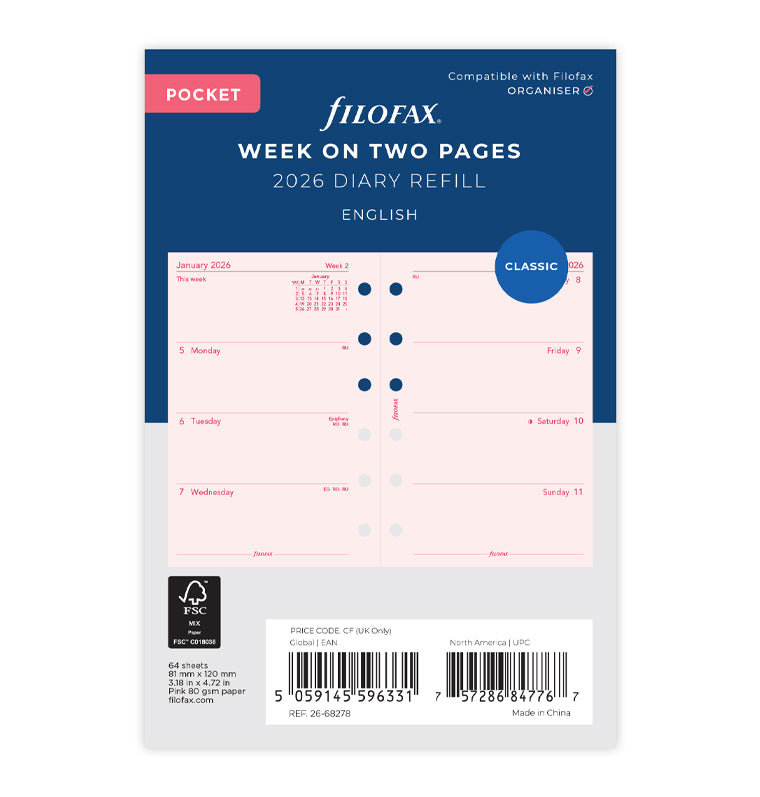 Week On Two Pages Diary Refill - Pocket Pink 2026 English Filofax 26-68278