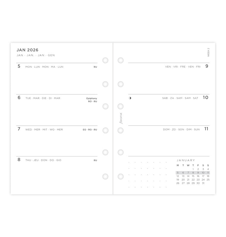 Minimal Week On Two Pages Diary Refill - Pocket 2026 Multilanguage Filofax 26-68290