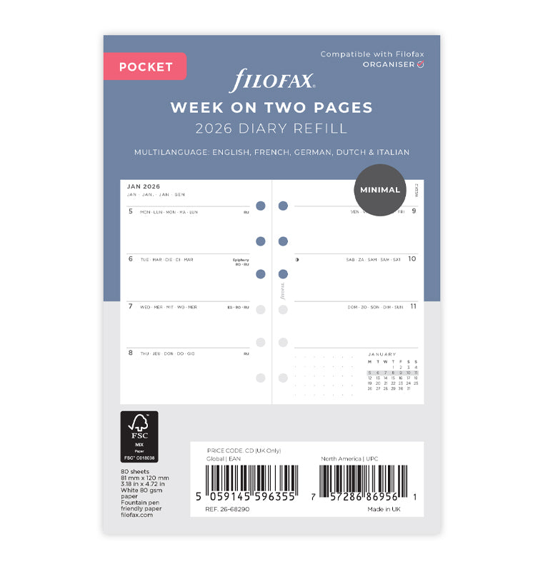 Minimal Week On Two Pages Diary Refill - Pocket 2026 Multilanguage Filofax 26-68290