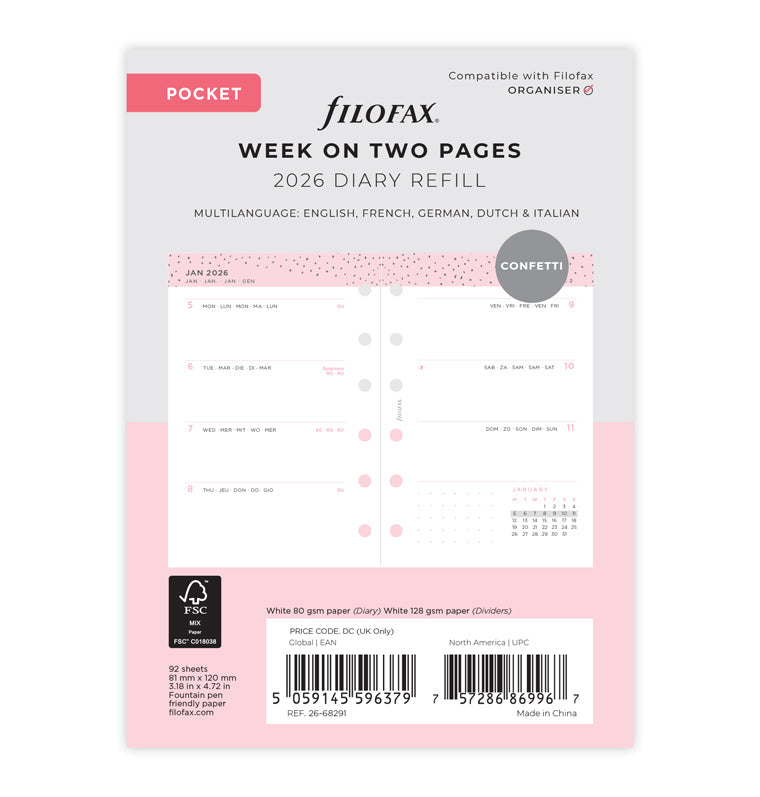 Confetti Week to View Diary Refill - Pocket 2026 Multilanguage Filofax 26-68291