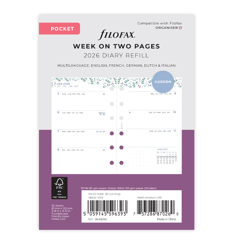 Garden Week On Two Pages Diary Refill - Pocket 2026 Multilanguage Filofax 26-68292