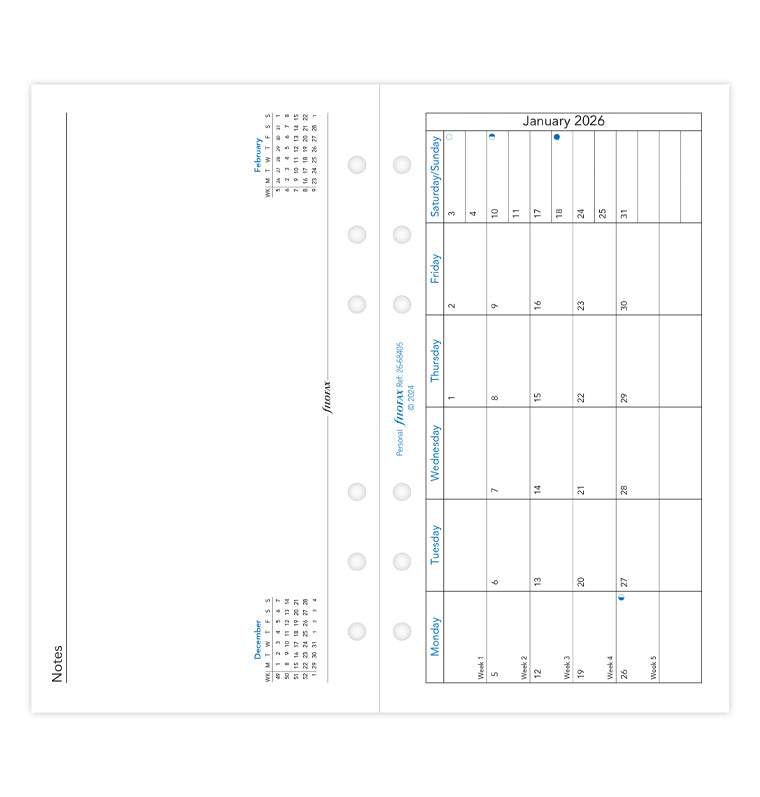 Month On One Page Diary Refill with Notes - Personal 2026 English Filofax 26-68405