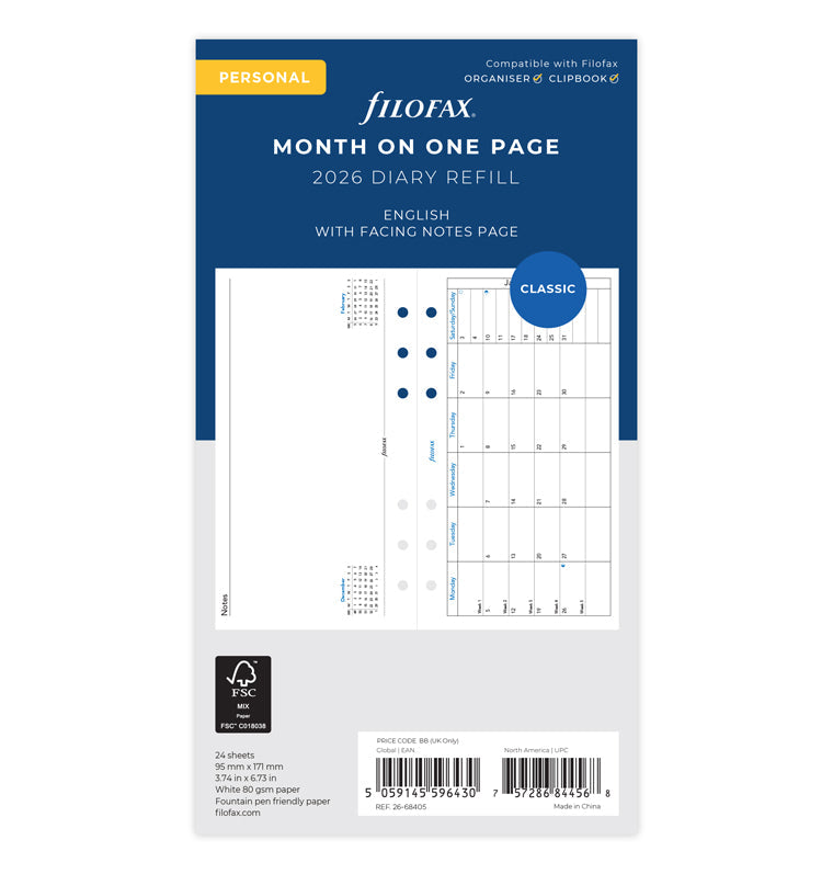 Month On One Page Diary Refill with Notes - Personal 2026 English Filofax 26-68405