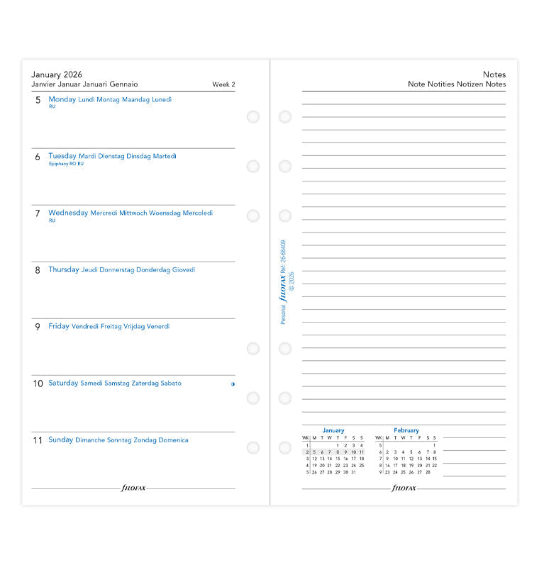 Week On One Page Diary Refill With Notes - Personal 2026 Multilanguage Filofax 26-68409
