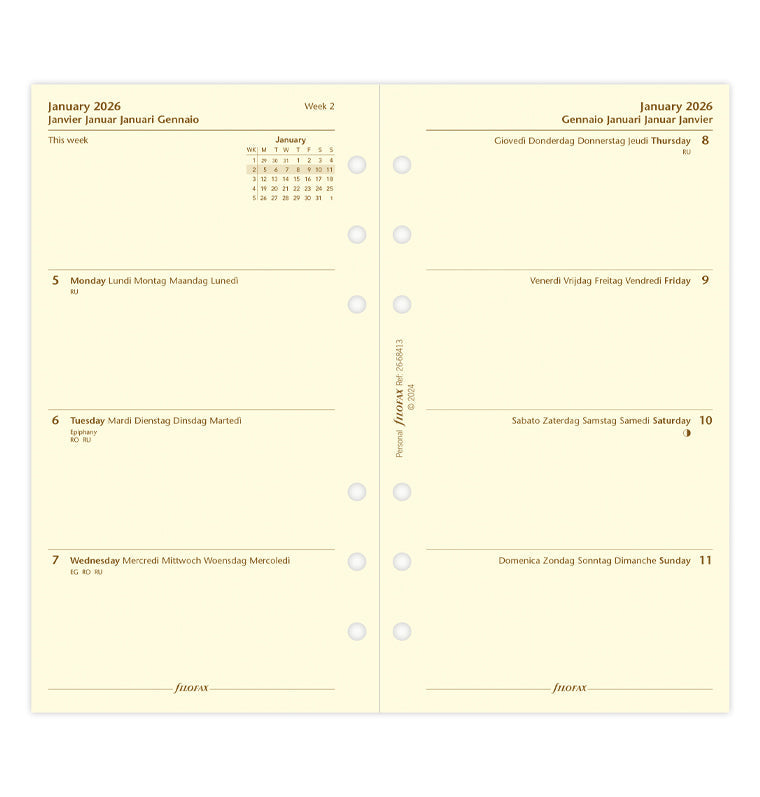 Week On Two Pages Diary Refill - Personal Cotton Cream 2026 Multilanguage Filofax 26-68413