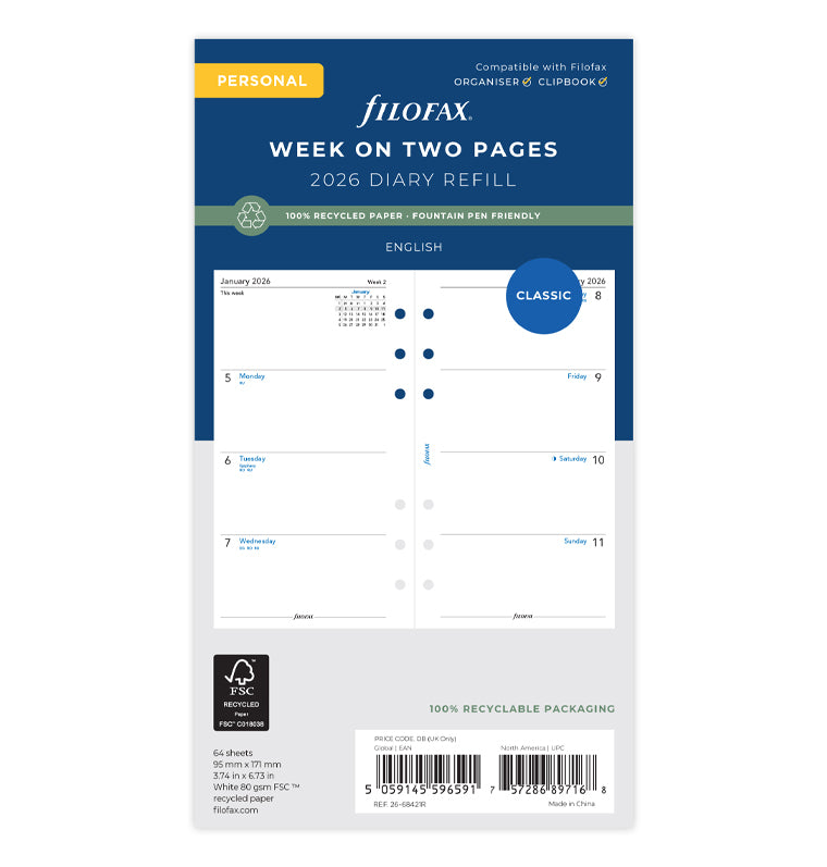 Week On Two Pages Diary Refill - Personal 2026 English - Recycled Paper Filofax 26-68421R