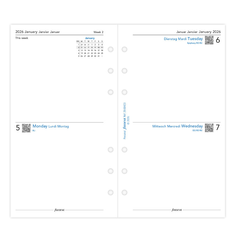 Two Days On One Page Diary Refill - Personal 2026 English/French/German Filofax 26-68423
