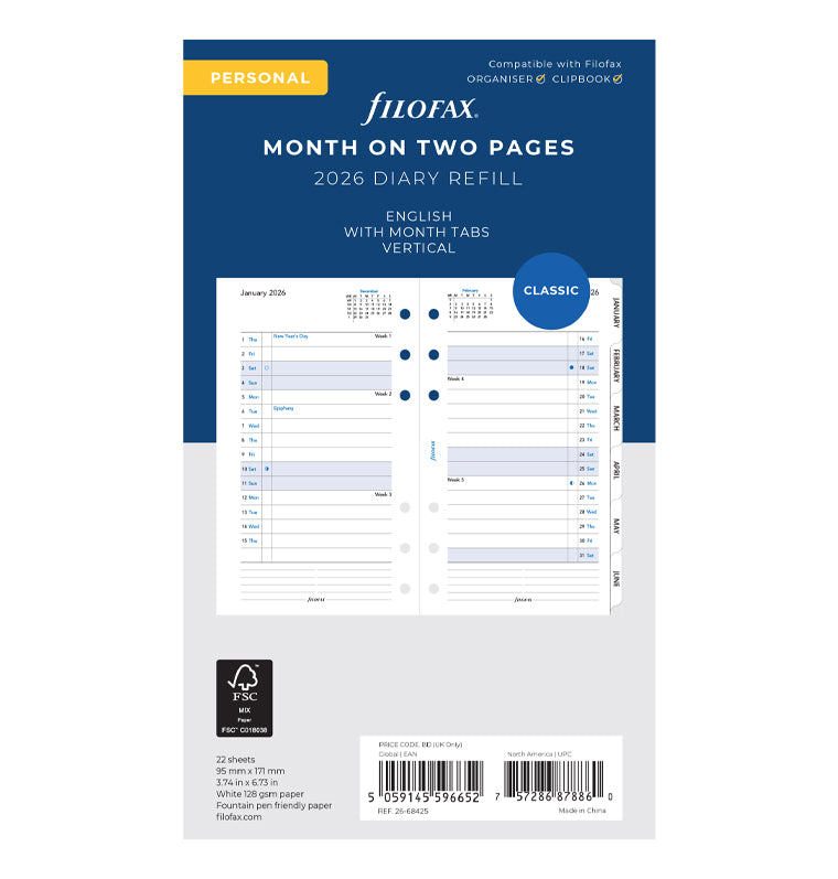 Month On Two Pages Diary Refill With Tabs - Personal 2026 English Filofax 26-68425