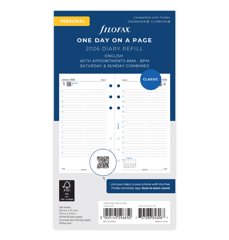 One Day On A Page Diary Refill With Appointments - Personal 2026 Multilanguage Filofax 26-68442