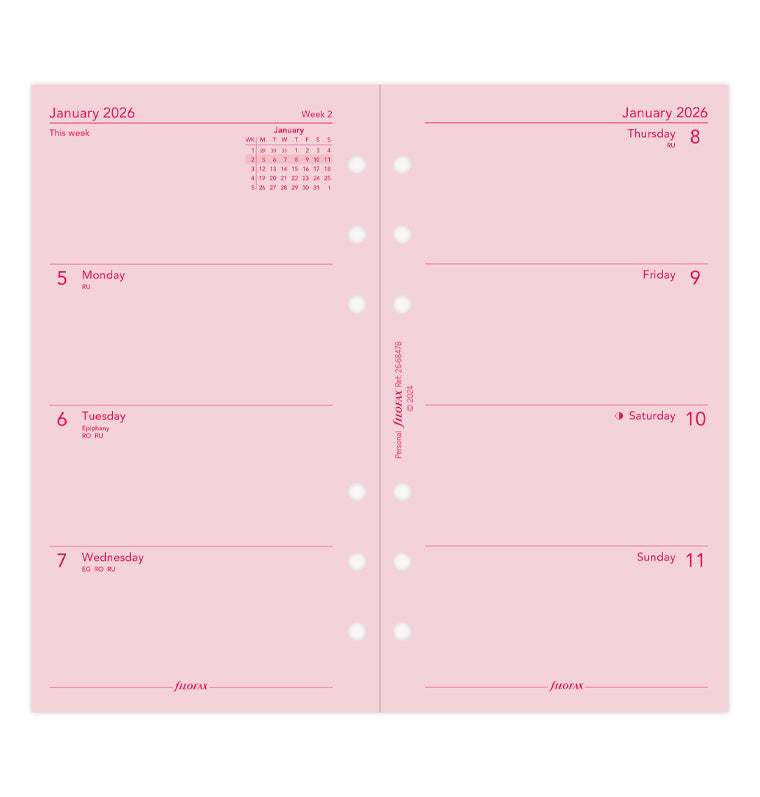 Week On Two Pages Diary Refill - Personal Pink 2026 English Filofax 26-68478