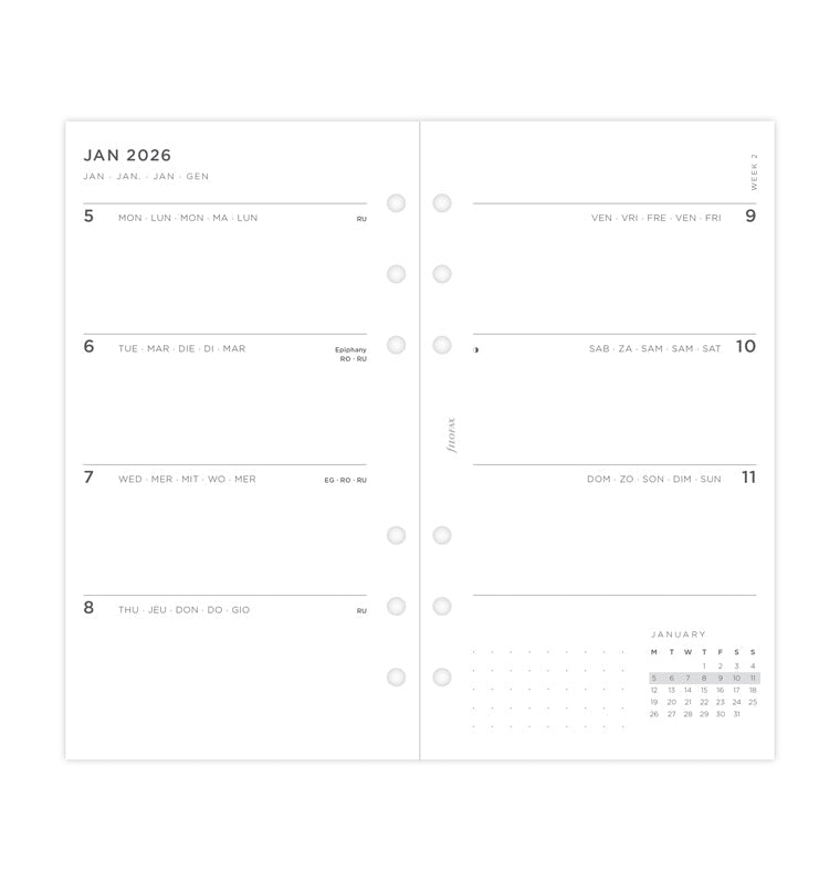 Minimal Week On Two Pages Diary Refill - Personal 2026 Multilanguage Filofax 26-68490
