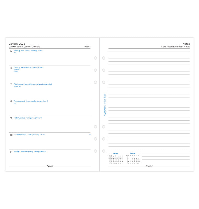 Week On One Page Diary Refill With Notes - A5 2026 Multilanguage Filofax 26-68509