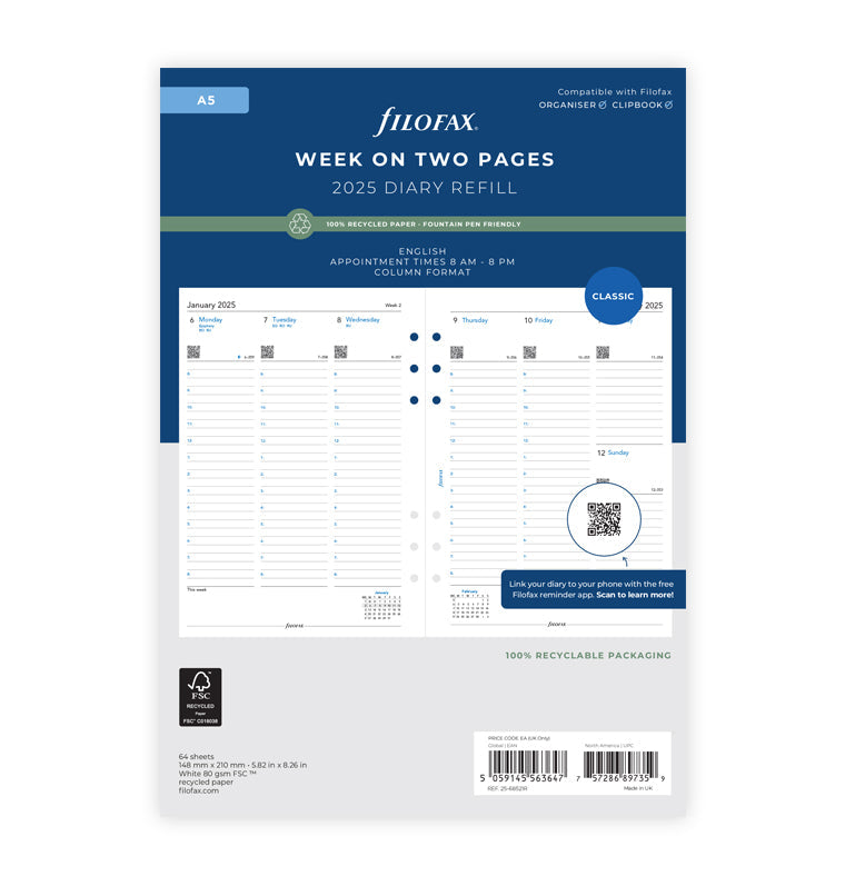 Week On Two Pages Diary Refill With Appointments - A5 2026 English - Recycled Paper Filofax 26-68521R