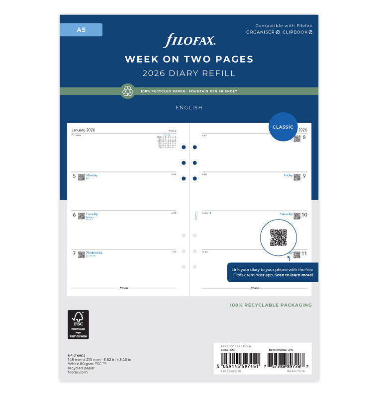 Week On Two Pages Diary Refill - A5 2026 English - Recycled Paper Filofax 26-68522R