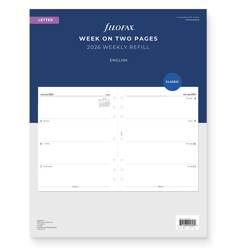 Filofax Week On Two Pages Diary Refill - Letter 2026 English Filofax 26-68621