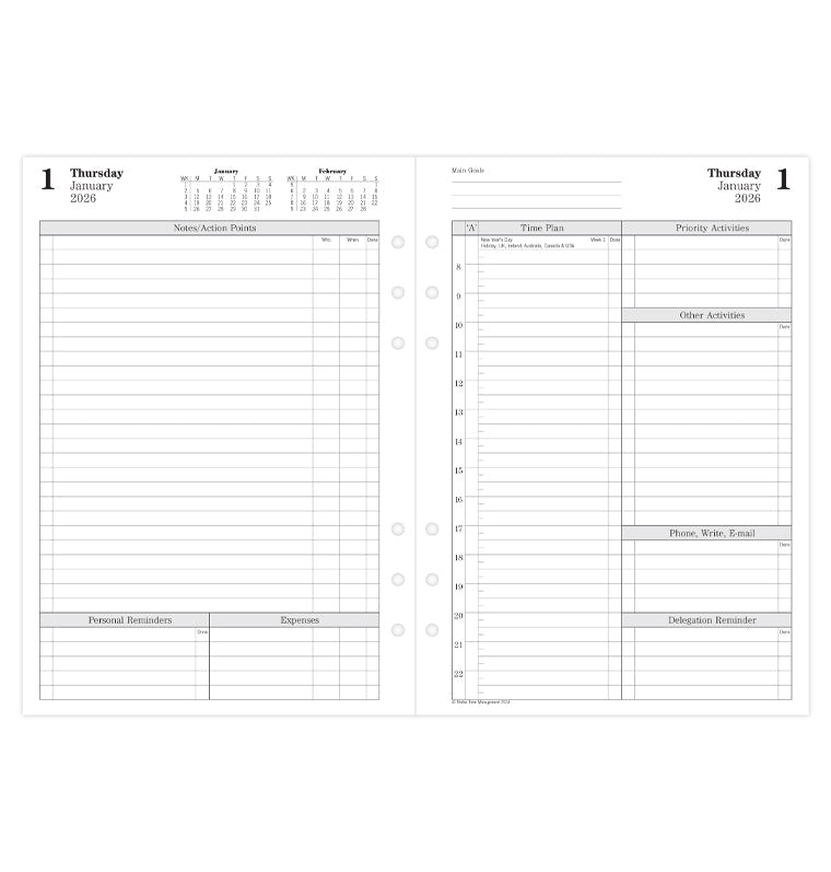 Time Management One Day On Two Pages Diary Refill - A5 2026 English Filofax 26-TM7031