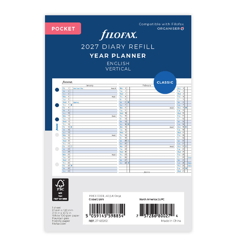 Vertical Year Planner - Pocket 2027 English Filofax 27-68202
