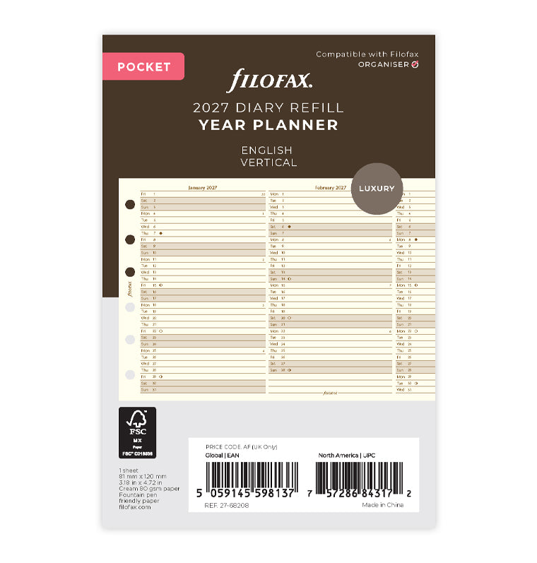 Vertical Year Planner - Pocket Cotton Cream 2027 English Filofax 27-68208